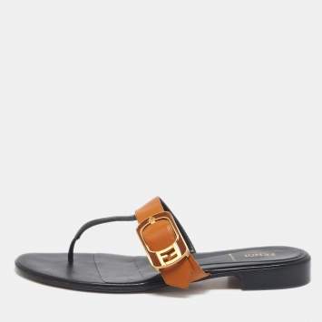 Pre Owned Fendi Brown/Black Leather Buckle Thong Slide Flats Size 40