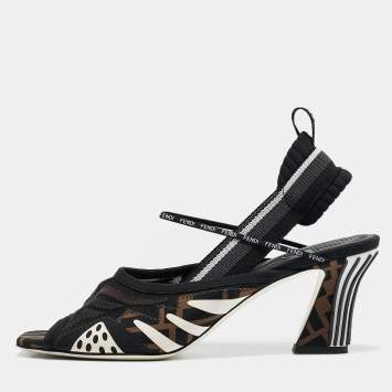 Pre Owned Fendi Black Neoprene and Mesh Freedom FF Patchwork Slingback Sandals Size 40.5