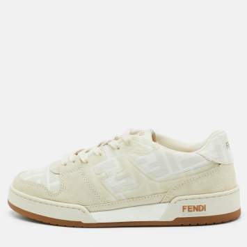 Pre Owned Fendi White/Beige Canvas and Suede Fendi Match Low Top Sneakers Size 37