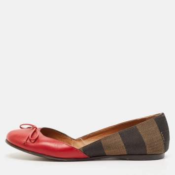 Pre Owned Fendi Brown/Red Leather And Canvas Toe Ballet Flats Size 37
