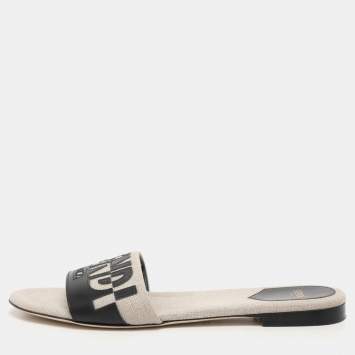 Pre Owned Fendi Grey/Black Canvas and Leather FF Flat Slide Size 40
