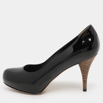 Pre Owned Fendi Black Patent Leather FF Logo Print Heel Pumps Size 37