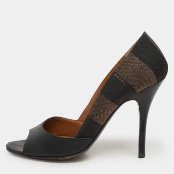 Pre Owned Fendi Black/Brown Leather and Striped Canvas Pequin Peep Toe Pumps Size 36 