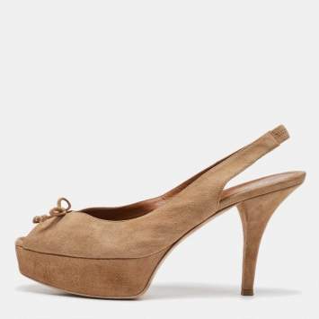 Pre Owned Fendi Beige Suede Fendista Bow Peep Toe Slingback Platform Pumps Size 41
