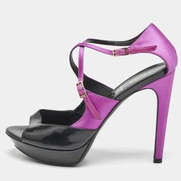 Pre Owned Fendi Black/Pink Patent Leather and Satin Ankle Strap Sandals Size 38