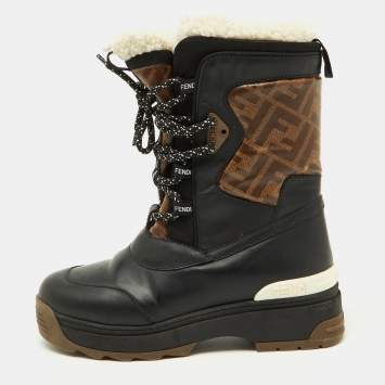 مملوكة مسبقًا Fendi Black/Tobacco Coated Canvas and Leather T-Rex Snow Boots Size 37