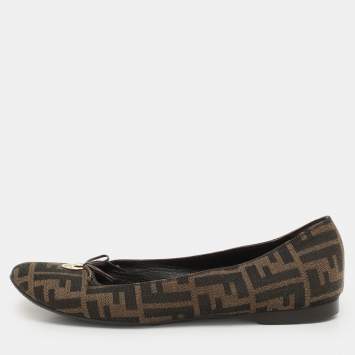 Fendi Tobacco Zucca Canvas Logo Bow Ballet Flats Size 41