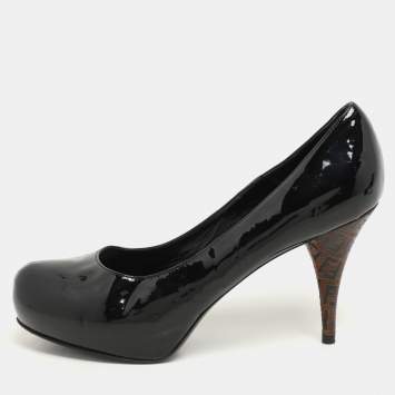 Pre Owned Fendi Black Patent Leather FF Heel Platform Pumps Size 39