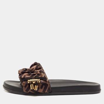 Pre Owned Fendi Black/Green Satin FF Logo Slides Size 40