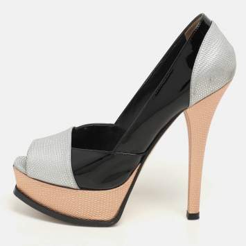 Pre Owned Fendi Black Lizard Embossed Leather and Patent Leather Fendista Platform Pumps Size 37.5