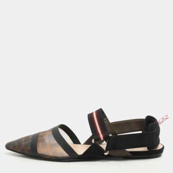 Pre Owned Fendi Black/Brown Zucca Mesh and Fabric Colibri Slingback Flats Size 40