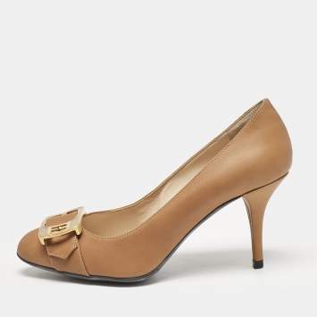 Pre Owned Fendi Brown Leather Chameleon Buckle Detail Pumps Size 36