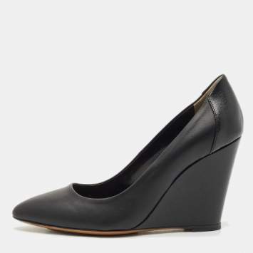 Pre Owned Fendi Black Leather Wedge Pumps Size 36