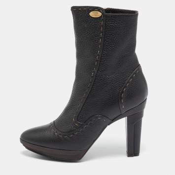 Pre Owned Fendi Dark Brown Selleria Leather Zip Ankle Length Boots Size 35