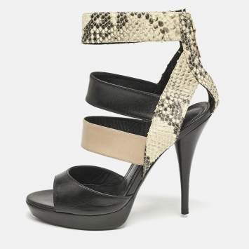 Pre Owned Fendi Tricolor Leather and Python Embossed Ankle Strap Platform Sandals Size 38