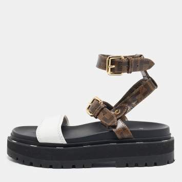Pre Owned Fendi Brown/White Zucca Coated Canvas and Fabric Platform Sandals Size 38