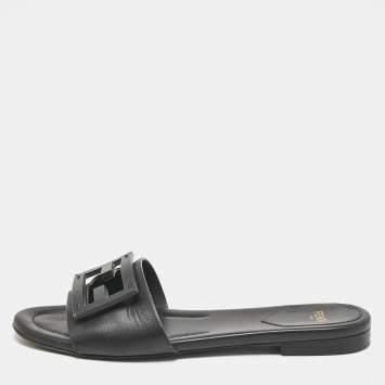 Pre Owned Fendi Black Leather Logo Flat Slides Size 37