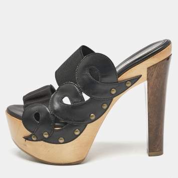 Pre Owned Fendi Black Leather and Elastic Wooden Platform Slide Sandals Size 38