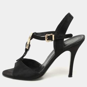 Pre Owned Fendi Black Satin Crystal Embellished Buckle T-Strap Sandals Size 37.5