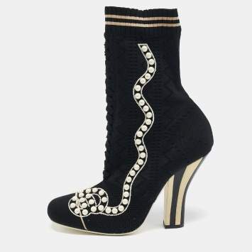 Pre Owned Fendi Black Knit Fabric Pearl Embellished Sock Ankle Boots Size 40