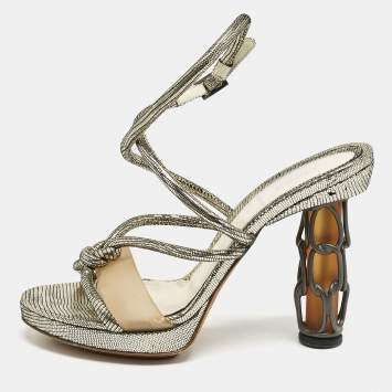 Pre Owned Fendi Gold Lizard Embossed Leather Chain Cage Heel Platform Sandals Size 39 