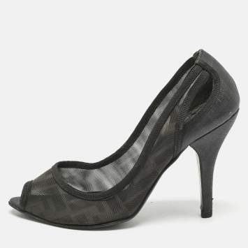 Fendi Black Zucca Mesh and Coated Fabric Peep Toe Pumps Size 37