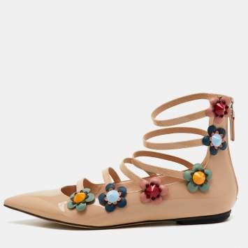 Fendi Beige Patent Leather Flowerland Ankle Strap Flats Size 38