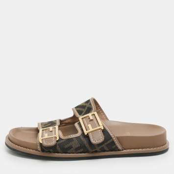 Fendi Brown/Beige Zucca Canvas and Leather FF Buckle Flat Slides Size 37