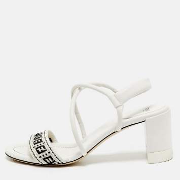 Fendi White/Black Leather Block Heel Ankle Strap Sandals Size 41