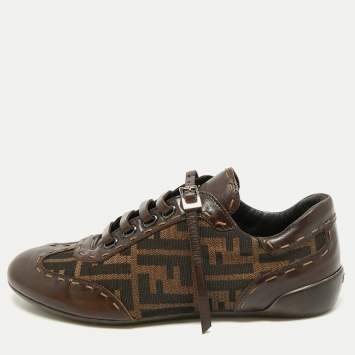 Pre Owned Fendi Brown Zucca Canvas and Leather Low Top Sneakers Size 37