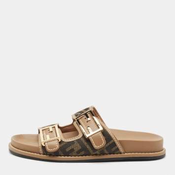 Fendi Brown Zucca Canvas and Leather Feel Slide Sandals Size 37