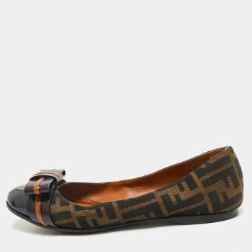 Fendi Brown/Black Zucca Canvas And Leather Bow Cap Toe Ballet Flats Size 37.5