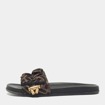 Pre Owned Fendi Black/Green Satin FF Logo Flat Slides Size 38.5