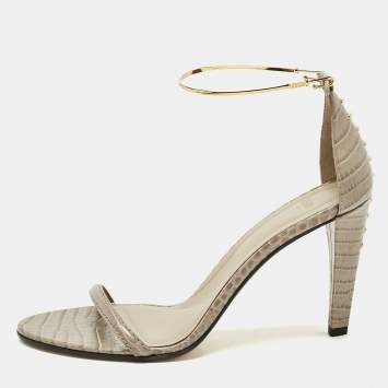 Fendi Grey Croc Embossed Leather Filo Ankle Strap Sandals Size 38