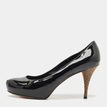 Pre Owned Fendi Black Patent Leather Zucca Heel Platform Pumps Size 41