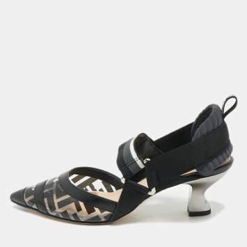 مملوكة مسبقًا Fendi Black/Grey PVC And Fabric Colibri Slingback Pumps Size 35.5