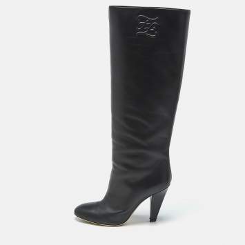 Pre Owned Fendi Black Leather Knee Length Boots Size 38.5