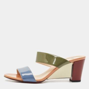 Pre Owned Fendi Multicolor Patent Leather Wedge Slide Sandals Size 39