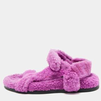 Pre Owned Fendi Purple  Shearling Fur Ankle Strap Flat Sandals Size 39