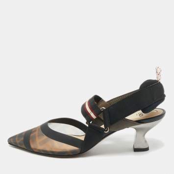 Pre Owned Fendi Brown/Black Zucca Mesh and Fabric Colibri Slingback Sandals Size 37