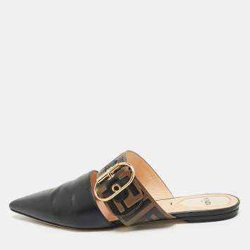 Pre Owned Fendi Black/Brown Leather FF Logo Buckle Mules Size 38