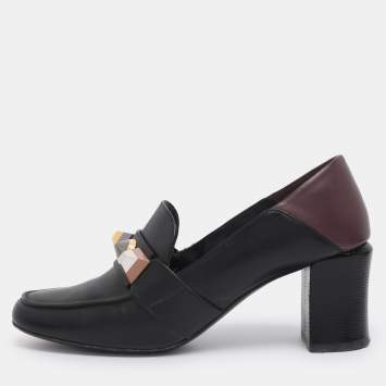 Pre Owned Fendi Black/Burgundy Leather Studded Loafer Pumps Size 41