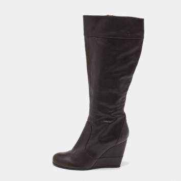 Fendi Dark Brown Leather Knee Length Wedge Boots Size 39