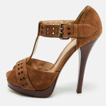 Pre Owned Fendi Brown Suede  T-Bar Ankle-Strap Platform Sandals Size 39