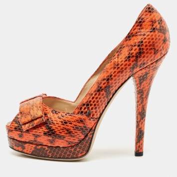 Pre Owned Fendi Orange/Brown Python Leather Peep Toe Platform Pumps Size 40