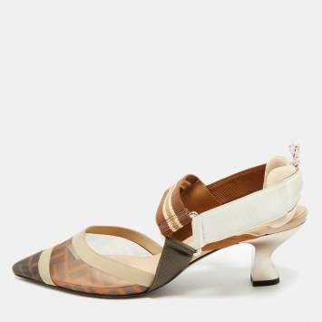 Pre Owned Fendi Brown/Beige Mesh and Canvas Colibri Slingback Pumps Size 39
