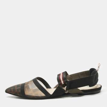 Pre Owned Fendi Black/Brown Zucca Mesh and Canvas Colibri Slingback Flats Size 40