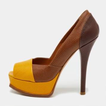 Pre Owned Fendi Tricolor Lizard Embossed Leather Fendista Pumps Size 38