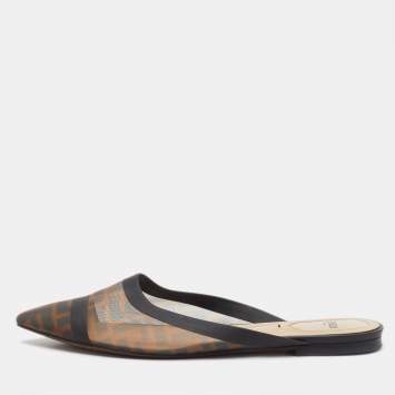 Pre Owned Fendi Tobacco FF Logo Print Mesh Colibri Flat Mules Size 38