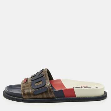 Pre Owned Fendi Multicolor Coated Canvas and Leather Mania Flat Slide Size 36.5